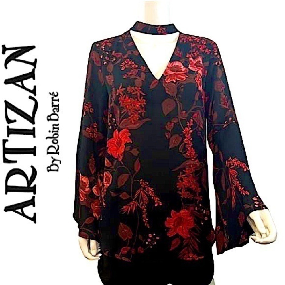 63. Artisan. RobinB. Gorgeous long sleeve blouse .Red&black floral M
